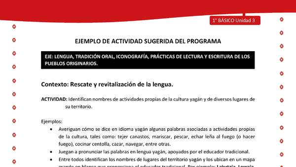 Actividad sugerida Nº 2- LC01 - YAG-U3-LR - Identifican nombres de actividades propias de la cultura yagán y de diversos lugares de su territorio Actividad sugerida Nº 2- LC01 - YAG-U3-LR - Identifican nombres de actividades propias de la cultura yagán y de diversos lugares de su territorio