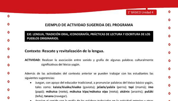 Actividad sugerida Nº 2- LC01 - YAG-U4-LR - Realizan la asociación entre sonido y grafía de algunas palabras culturalmente significativas del léxico yagán Actividad sugerida Nº 2- LC01 - YAG-U4-LR - Realizan la asociación entre sonido y grafía de algunas palabras culturalmente significativas del léxico yagán
