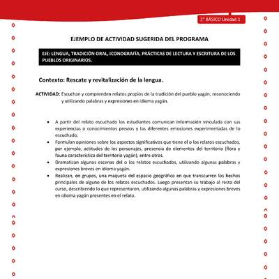 Actividad sugerida Nº 2- LC02 - YAG-U1-LR - Escuchan y comprenden relatos propios de la tradición del pueblo yagán, reconociendo y utilizando palabras y expresiones en idioma yagán Actividad sugerida Nº 2- LC02 - YAG-U1-LR - Escuchan y comprenden relatos propios de la tradición del pueblo yagán, reconociendo y utilizando palabras y expresiones en idioma yagán