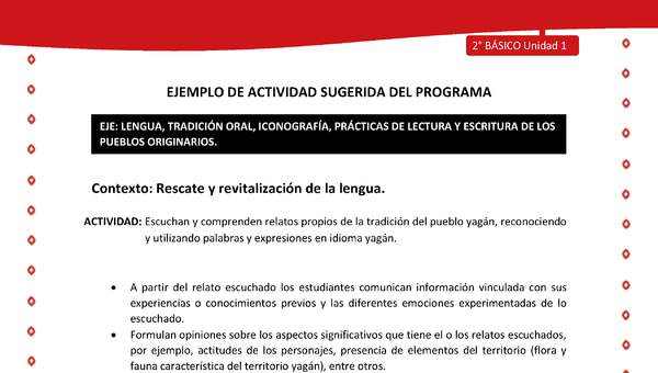 Actividad sugerida Nº 2- LC02 - YAG-U1-LR - Escuchan y comprenden relatos propios de la tradición del pueblo yagán, reconociendo y utilizando palabras y expresiones en idioma yagán Actividad sugerida Nº 2- LC02 - YAG-U1-LR - Escuchan y comprenden relatos propios de la tradición del pueblo yagán, reconociendo y utilizando palabras y expresiones en idioma yagán
