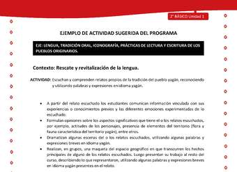 Actividad sugerida Nº 2- LC02 - YAG-U1-LR - Escuchan y comprenden relatos propios de la tradición del pueblo yagán, reconociendo y utilizando palabras y expresiones en idioma yagán Actividad sugerida Nº 2- LC02 - YAG-U1-LR - Escuchan y comprenden relatos propios de la tradición del pueblo yagán, reconociendo y utilizando palabras y expresiones en idioma yagán