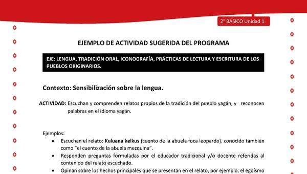 Actividad sugerida Nº 1- LC02 - YAG-U1-LS - Escuchan y comprenden relatos propios de la tradición del pueblo yagán, y reconocen palabras en el idioma yagán Actividad sugerida Nº 1- LC02 - YAG-U1-LS - Escuchan y comprenden relatos propios de la tradición del pueblo yagán, y reconocen palabras en el idioma yagán