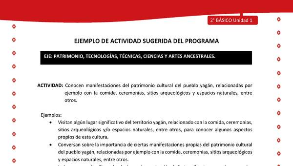 Actividad sugerida Nº 5- LC02 - YAG-U1-EP - Conocen manifestaciones del patrimonio cultural del pueblo yagán, relacionadas por ejemplo con la comida, ceremonias, sitios arqueológicos y espacios naturales, entre otros Actividad sugerida Nº 5- LC02 - YAG-U1-EP - Conocen manifestaciones del patrimonio cultural del pueblo yagán, relacionadas por ejemplo con la comida, ceremonias, sitios arqueológicos y espacios naturales, entre otros