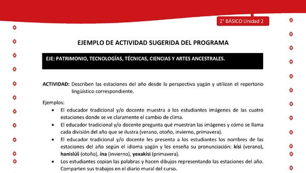 Actividad sugerida Nº 6 - LC02 - YAG-U2-EP - Describen las estaciones del año desde la perspectiva yagán y utilizan el repertorio lingüístico correspondiente Actividad sugerida Nº 6 - LC02 - YAG-U2-EP - Describen las estaciones del año desde la perspectiva yagán y utilizan el repertorio lingüístico correspondiente