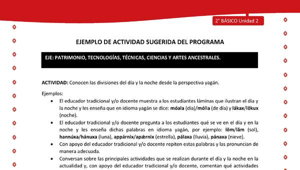 Actividad sugerida Nº 5 - LC02 - YAG-U2-EP - Conocen las divisiones del día y la noche desde la perspectiva yagán Actividad sugerida Nº 5 - LC02 - YAG-U2-EP - Conocen las divisiones del día y la noche desde la perspectiva yagán