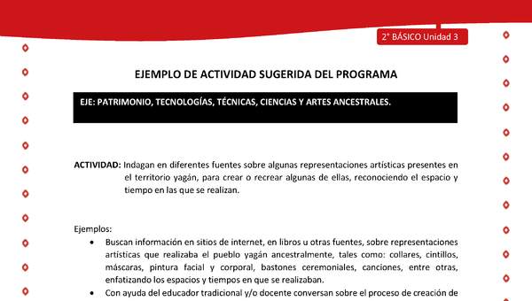 Actividad sugerida Nº 4 - LC02 - YAG-U3-EP - Indagan en diferentes fuentes sobre algunas representaciones artísticas presentes en el territorio yagán, para crear o recrear algunas de ellas, reconociendo el espacio y tiempo en las que se realizan Actividad sugerida Nº 4 - LC02 - YAG-U3-EP - Indagan en diferentes fuentes sobre algunas representaciones artísticas presentes en el territorio yagán, para crear o recrear algunas de ellas, reconociendo el espacio y tiempo en las que se realizan