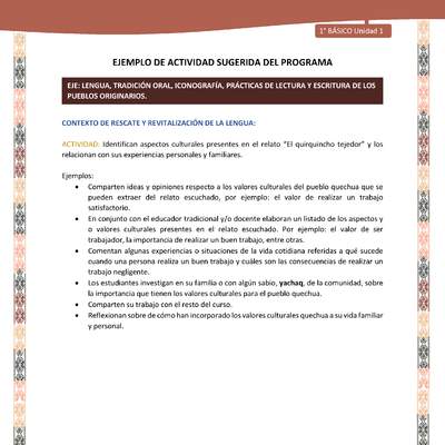 Actividad sugerida LC01 - Quechua - U1 - N°04: Identifican aspectos culturales presentes en el relato “El quirquincho tejedor” y los relacionan con sus experiencias personales y familiares. Actividad sugerida LC01 - Quechua - U1 - N°04: Identifican aspectos culturales presentes en el relato “El quirquincho tejedor” y los relacionan con sus experiencias personales y familiares.
