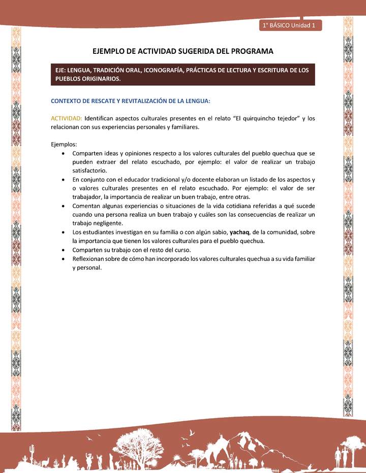 Actividad sugerida LC01 - Quechua - U1 - N°04: Identifican aspectos culturales presentes en el relato “El quirquincho tejedor” y los relacionan con sus experiencias personales y familiares. Actividad sugerida LC01 - Quechua - U1 - N°04: Identifican aspectos culturales presentes en el relato “El quirquincho tejedor” y los relacionan con sus experiencias personales y familiares.