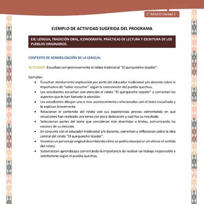 Actividad sugerida LC01 - Quechua - U1 - N°01: Escuchan comprensivamente el relato tradicional “El quirquincho tejedor”. Actividad sugerida LC01 - Quechua - U1 - N°01: Escuchan comprensivamente el relato tradicional “El quirquincho tejedor”.
