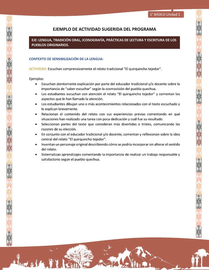Actividad sugerida LC01 - Quechua - U1 - N°01: Escuchan comprensivamente el relato tradicional “El quirquincho tejedor”. Actividad sugerida LC01 - Quechua - U1 - N°01: Escuchan comprensivamente el relato tradicional “El quirquincho tejedor”.