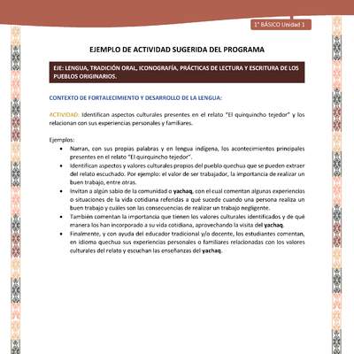 Actividad sugerida LC01 - Quechua - U1 - N°08: Identifican aspectos culturales presentes en el relato “El quirquincho tejedor” y los relacionan con sus experiencias personales y familiares. Actividad sugerida LC01 - Quechua - U1 - N°08: Identifican aspectos culturales presentes en el relato “El quirquincho tejedor” y los relacionan con sus experiencias personales y familiares.