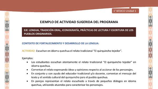 Actividad sugerida LC01 - Quechua - U1 - N°06: Escuchan en idioma quechua el relato tradicional “El quirquincho tejedor”. Actividad sugerida LC01 - Quechua - U1 - N°06: Escuchan en idioma quechua el relato tradicional “El quirquincho tejedor”.