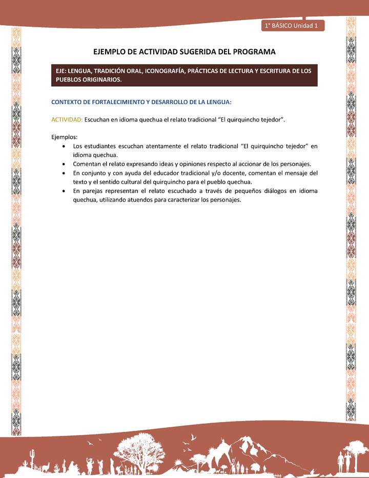 Actividad sugerida LC01 - Quechua - U1 - N°06: Escuchan en idioma quechua el relato tradicional “El quirquincho tejedor”. Actividad sugerida LC01 - Quechua - U1 - N°06: Escuchan en idioma quechua el relato tradicional “El quirquincho tejedor”.
