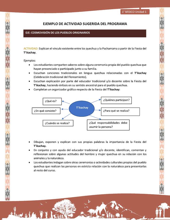 Actividad sugerida LC01 - Quechua - U1 - N°13: Explican el vínculo existente entre los quechua y la Pachamama a partir de la Fiesta del T’ikachay. Actividad sugerida LC01 - Quechua - U1 - N°13: Explican el vínculo existente entre los quechua y la Pachamama a partir de la Fiesta del T’ikachay.