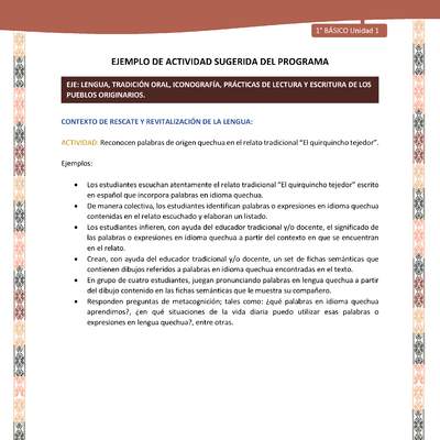 Actividad sugerida LC01 - Quechua - U1 - N°03: Reconocen palabras de origen quechua en el relato tradicional “El quirquincho tejedor”. Actividad sugerida LC01 - Quechua - U1 - N°03: Reconocen palabras de origen quechua en el relato tradicional “El quirquincho tejedor”.