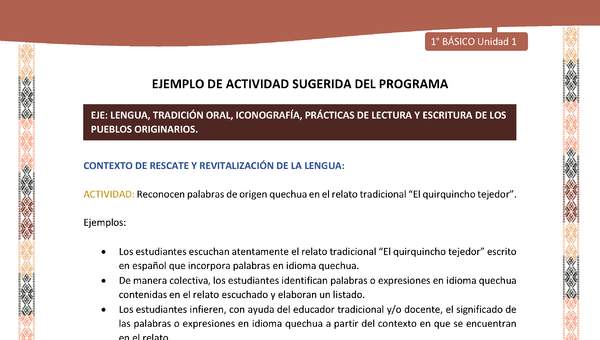 Actividad sugerida LC01 - Quechua - U1 - N°03: Reconocen palabras de origen quechua en el relato tradicional “El quirquincho tejedor”. Actividad sugerida LC01 - Quechua - U1 - N°03: Reconocen palabras de origen quechua en el relato tradicional “El quirquincho tejedor”.