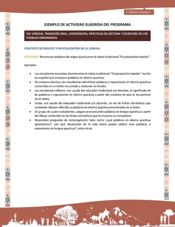 Actividad sugerida LC01 - Quechua - U1 - N°03: Reconocen palabras de origen quechua en el relato tradicional “El quirquincho tejedor”. Actividad sugerida LC01 - Quechua - U1 - N°03: Reconocen palabras de origen quechua en el relato tradicional “El quirquincho tejedor”.