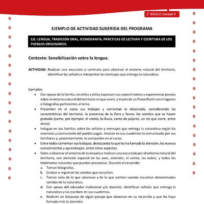 Actividad sugerida Nº 1 - LC02 - YAG-U4-LS - Realizan una excursión o caminata para observar el entorno natural del territorio, identificar las señales e interpretar los mensajes que entrega la naturaleza Actividad sugerida Nº 1 - LC02 - YAG-U4-LS - Realizan una excursión o caminata para observar el entorno natural del territorio, identificar las señales e interpretar los mensajes que entrega la naturaleza