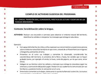 Actividad sugerida Nº 1 - LC02 - YAG-U4-LS - Realizan una excursión o caminata para observar el entorno natural del territorio, identificar las señales e interpretar los mensajes que entrega la naturaleza Actividad sugerida Nº 1 - LC02 - YAG-U4-LS - Realizan una excursión o caminata para observar el entorno natural del territorio, identificar las señales e interpretar los mensajes que entrega la naturaleza