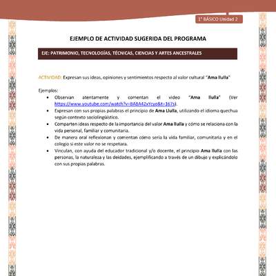 Actividad sugerida LC01 - Quechua - U2 - N°31:  Expresan sus ideas, opiniones y sentimientos respecto al valor cultural “Ama llulla”. Actividad sugerida LC01 - Quechua - U2 - N°31:  Expresan sus ideas, opiniones y sentimientos respecto al valor cultural “Ama llulla”.