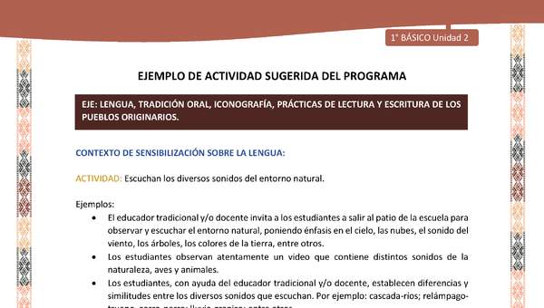 Actividad sugerida LC01 - Quechua - U2 - N°16:  Escuchan los diversos sonidos del entorno natural. Actividad sugerida LC01 - Quechua - U2 - N°16:  Escuchan los diversos sonidos del entorno natural.
