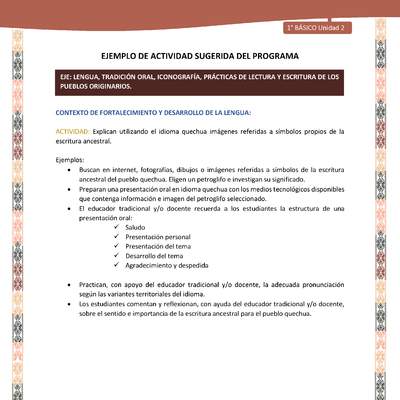Actividad sugerida LC01 - Quechua - U2 - N°27: Explican utilizando el idioma quechua imágenes referidas a símbolos propios de la escritura ancestral. Actividad sugerida LC01 - Quechua - U2 - N°27: Explican utilizando el idioma quechua imágenes referidas a símbolos propios de la escritura ancestral.