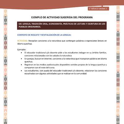 Actividad sugerida LC01 - Quechua - U2 - N°23: Recopilan canciones a la naturaleza que contengan palabras o expresiones breves en idioma quechua. Actividad sugerida LC01 - Quechua - U2 - N°23: Recopilan canciones a la naturaleza que contengan palabras o expresiones breves en idioma quechua.