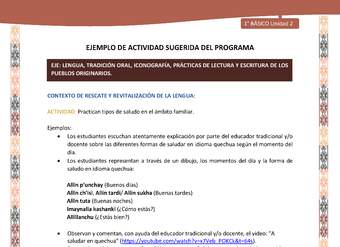 Actividad sugerida LC01 - Quechua - U2 - N°21: Practican tipos de saludo en el ámbito familiar. Actividad sugerida LC01 - Quechua - U2 - N°21: Practican tipos de saludo en el ámbito familiar.