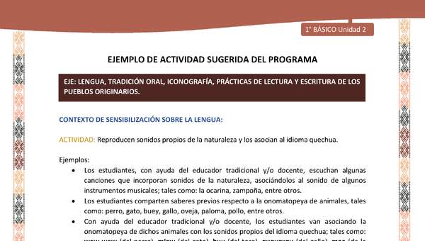 Actividad sugerida LC01 - Quechua - U2 - N°17: Reproducen sonidos propios de la naturaleza y los asocian al idioma quechua. Actividad sugerida LC01 - Quechua - U2 - N°17: Reproducen sonidos propios de la naturaleza y los asocian al idioma quechua.