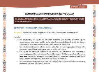 Actividad sugerida LC01 - Quechua - U2 - N°17: Reproducen sonidos propios de la naturaleza y los asocian al idioma quechua. Actividad sugerida LC01 - Quechua - U2 - N°17: Reproducen sonidos propios de la naturaleza y los asocian al idioma quechua.