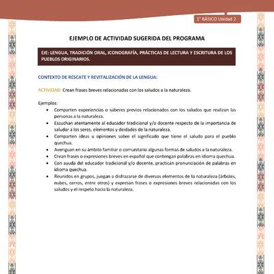 Actividad sugerida LC01 - Quechua - U2 - N°20: Crean frases breves relacionadas con los saludos a la naturaleza. Actividad sugerida LC01 - Quechua - U2 - N°20: Crean frases breves relacionadas con los saludos a la naturaleza.