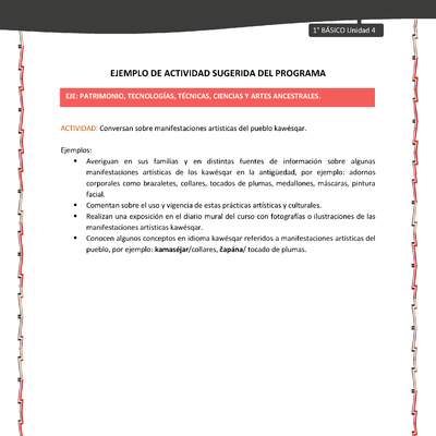 Actividad sugerida: LC01 - KAWÉSQAR - U4 - N°5: CONVERSAN SOBRE MANIFESTACIONES ARTÍSTICAS DEL PUEBLO KAWÉSQAR. Actividad sugerida: LC01 - KAWÉSQAR - U4 - N°5: CONVERSAN SOBRE MANIFESTACIONES ARTÍSTICAS DEL PUEBLO KAWÉSQAR.