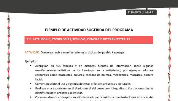 Actividad sugerida: LC01 - KAWÉSQAR - U4 - N°5: CONVERSAN SOBRE MANIFESTACIONES ARTÍSTICAS DEL PUEBLO KAWÉSQAR. Actividad sugerida: LC01 - KAWÉSQAR - U4 - N°5: CONVERSAN SOBRE MANIFESTACIONES ARTÍSTICAS DEL PUEBLO KAWÉSQAR.