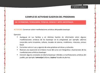 Actividad sugerida: LC01 - KAWÉSQAR - U4 - N°5: CONVERSAN SOBRE MANIFESTACIONES ARTÍSTICAS DEL PUEBLO KAWÉSQAR. Actividad sugerida: LC01 - KAWÉSQAR - U4 - N°5: CONVERSAN SOBRE MANIFESTACIONES ARTÍSTICAS DEL PUEBLO KAWÉSQAR.