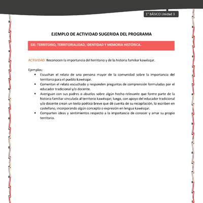 Actividad sugerida: LC01 - KAWÉSQAR - U3 - N°3: RECONOCEN LA IMPORTANCIA DEL TERRITORIO Y DE LA HISTORIA FAMILIAR KAWÉSQAR. Actividad sugerida: LC01 - KAWÉSQAR - U3 - N°3: RECONOCEN LA IMPORTANCIA DEL TERRITORIO Y DE LA HISTORIA FAMILIAR KAWÉSQAR.