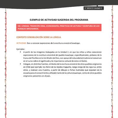 Actividad sugerida: LC01 - KAWÉSQAR - U4 - N°1: DAN A CONOCER EXPRESIONES DE LA ESCRITURA ANCESTRAL KAWÉSQAR. Actividad sugerida: LC01 - KAWÉSQAR - U4 - N°1: DAN A CONOCER EXPRESIONES DE LA ESCRITURA ANCESTRAL KAWÉSQAR.
