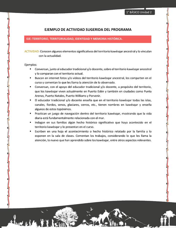 Actividad sugerida: LC01 - KAWÉSQAR - U2 - N°5: CONOCEN ALGUNOS ELEMENTOS SIGNIFICATIVOS DEL TERRITORIO KAWÉSQAR ANCESTRAL Y LO VINCULAN CON LA ACTUALIDAD. Actividad sugerida: LC01 - KAWÉSQAR - U2 - N°5: CONOCEN ALGUNOS ELEMENTOS SIGNIFICATIVOS DEL TERRITORIO KAWÉSQAR ANCESTRAL Y LO VINCULAN CON LA ACTUALIDAD.