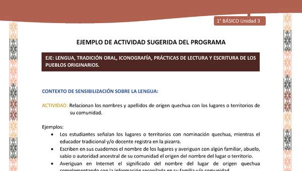 Actividad sugerida LC01 - Quechua - U3 - N°34: Relacionan los nombres y apellidos de origen quechua con los lugares o territorios de su comunidad. Actividad sugerida LC01 - Quechua - U3 - N°34: Relacionan los nombres y apellidos de origen quechua con los lugares o territorios de su comunidad.