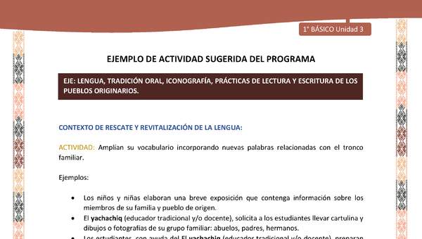 Actividad sugerida LC01 - Quechua - U3 - N°35: Amplían su vocabulario incorporando nuevas palabras relacionadas con el tronco familiar. Actividad sugerida LC01 - Quechua - U3 - N°35: Amplían su vocabulario incorporando nuevas palabras relacionadas con el tronco familiar.