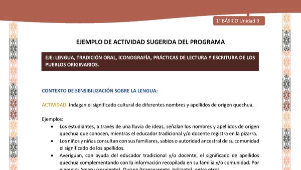Actividad sugerida LC01 - Quechua - U3 - N°33: Indagan el significado cultural de diferentes nombres y apellidos de origen quechua. Actividad sugerida LC01 - Quechua - U3 - N°33: Indagan el significado cultural de diferentes nombres y apellidos de origen quechua.