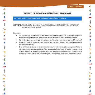 Actividad sugerida Nº 7- LC01 - INTERCULTURALIDAD-U1-ET - REALIZAN UNA CAMINATA PARA RECONOCER LAS CARACTERÍSTICAS NATURALES Y SOCIALES DE SU ENTORNO. Actividad sugerida Nº 7- LC01 - INTERCULTURALIDAD-U1-ET - REALIZAN UNA CAMINATA PARA RECONOCER LAS CARACTERÍSTICAS NATURALES Y SOCIALES DE SU ENTORNO.