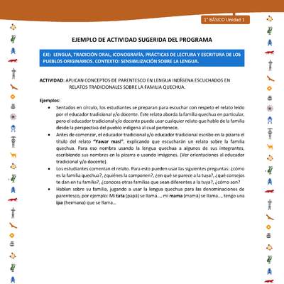 Actividad sugerida Nº 1- LC01 - INTERCULTURALIDAD-U1-LS - APLICAN CONCEPTOS DE PARENTESCO EN LENGUA INDÍGENA ESCUCHADOS EN RELATOS TRADICIONALES SOBRE LA FAMILIA QUECHUA. Actividad sugerida Nº 1- LC01 - INTERCULTURALIDAD-U1-LS - APLICAN CONCEPTOS DE PARENTESCO EN LENGUA INDÍGENA ESCUCHADOS EN RELATOS TRADICIONALES SOBRE LA FAMILIA QUECHUA.