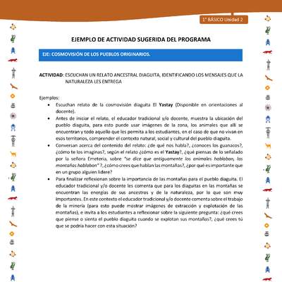 Actividad sugerida Nº 8- LC01 - INTERCULTURALIDAD-U2-ECO - ESCUCHAN UN RELATO ANCESTRAL DIAGUITA, IDENTIFICANDO LOS MENSAJES QUE LA NATURALEZA LES ENTREGA Actividad sugerida Nº 8- LC01 - INTERCULTURALIDAD-U2-ECO - ESCUCHAN UN RELATO ANCESTRAL DIAGUITA, IDENTIFICANDO LOS MENSAJES QUE LA NATURALEZA LES ENTREGA