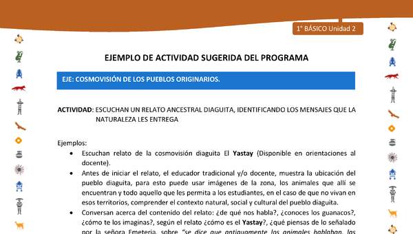 Actividad sugerida Nº 8- LC01 - INTERCULTURALIDAD-U2-ECO - ESCUCHAN UN RELATO ANCESTRAL DIAGUITA, IDENTIFICANDO LOS MENSAJES QUE LA NATURALEZA LES ENTREGA Actividad sugerida Nº 8- LC01 - INTERCULTURALIDAD-U2-ECO - ESCUCHAN UN RELATO ANCESTRAL DIAGUITA, IDENTIFICANDO LOS MENSAJES QUE LA NATURALEZA LES ENTREGA