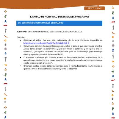 Actividad sugerida Nº 6- LC01 - INTERCULTURALIDAD-U2-ECO - OBSERVAN EN TERRENO LOS ELEMENTOS DE LA NATURALEZA Actividad sugerida Nº 6- LC01 - INTERCULTURALIDAD-U2-ECO - OBSERVAN EN TERRENO LOS ELEMENTOS DE LA NATURALEZA