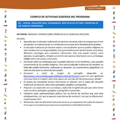 Actividad sugerida Nº 2- LC01 - INTERCULTURALIDAD-U2-LS - INDAGAN Y EXPONEN SOBRE SÍMBOLOS DE LA ESCRITURA ANCESTRAL Actividad sugerida Nº 2- LC01 - INTERCULTURALIDAD-U2-LS - INDAGAN Y EXPONEN SOBRE SÍMBOLOS DE LA ESCRITURA ANCESTRAL