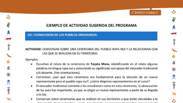 Actividad sugerida Nº 7- LC01 - INTERCULTURALIDAD-U3-ECO - CONVERSAN SOBRE UNA CEREMONIA DEL PUEBLO RAPA NUI Y LA RELACIONAN CON LAS QUE SE REALIZAN EN SU TERRITORIO Actividad sugerida Nº 7- LC01 - INTERCULTURALIDAD-U3-ECO - CONVERSAN SOBRE UNA CEREMONIA DEL PUEBLO RAPA NUI Y LA RELACIONAN CON LAS QUE SE REALIZAN EN SU TERRITORIO
