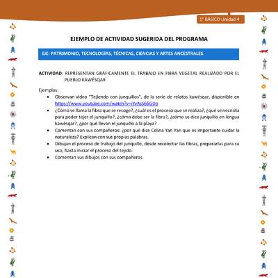Actividad sugerida Nº 11- LC01 - INTERCULTURALIDAD-U4-EP - REPRESENTAN GRÁFICAMENTE EL TRABAJO EN FIBRA VEGETAL REALIZADO POR EL PUEBLO KAWÉSQAR Actividad sugerida Nº 11- LC01 - INTERCULTURALIDAD-U4-EP - REPRESENTAN GRÁFICAMENTE EL TRABAJO EN FIBRA VEGETAL REALIZADO POR EL PUEBLO KAWÉSQAR