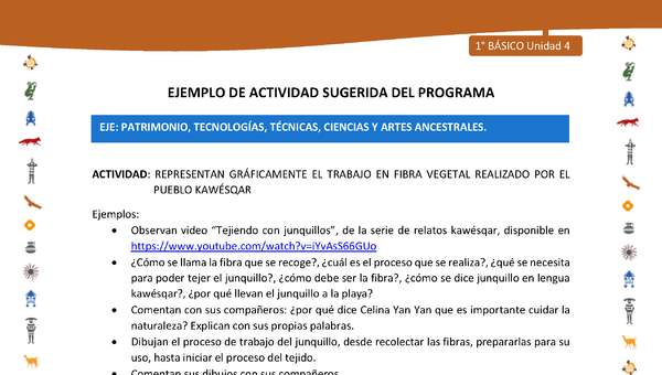 Actividad sugerida Nº 11- LC01 - INTERCULTURALIDAD-U4-EP - REPRESENTAN GRÁFICAMENTE EL TRABAJO EN FIBRA VEGETAL REALIZADO POR EL PUEBLO KAWÉSQAR Actividad sugerida Nº 11- LC01 - INTERCULTURALIDAD-U4-EP - REPRESENTAN GRÁFICAMENTE EL TRABAJO EN FIBRA VEGETAL REALIZADO POR EL PUEBLO KAWÉSQAR
