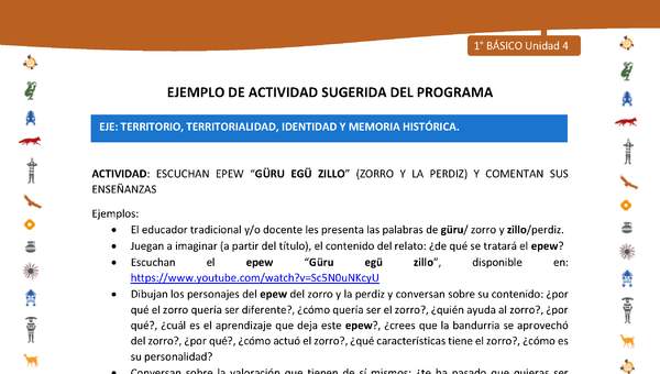 Actividad sugerida Nº 5- LC01 - INTERCULTURALIDAD-U4-ET - ESCUCHAN EPEW “GÜRU EGÜ ZILLO” (ZORRO Y LA PERDIZ) Y COMENTAN SUS ENSEÑANZAS Actividad sugerida Nº 5- LC01 - INTERCULTURALIDAD-U4-ET - ESCUCHAN EPEW “GÜRU EGÜ ZILLO” (ZORRO Y LA PERDIZ) Y COMENTAN SUS ENSEÑANZAS